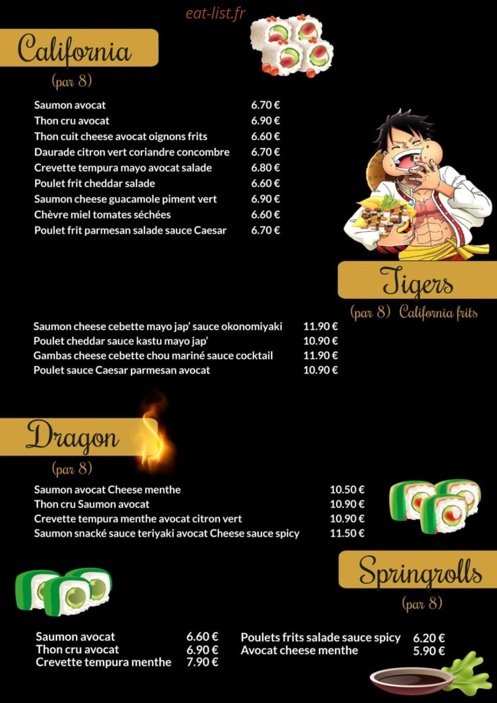 Carte et menu de Uzumaki Sushi à Septemes les Vallons — California,tigers et dragon...
