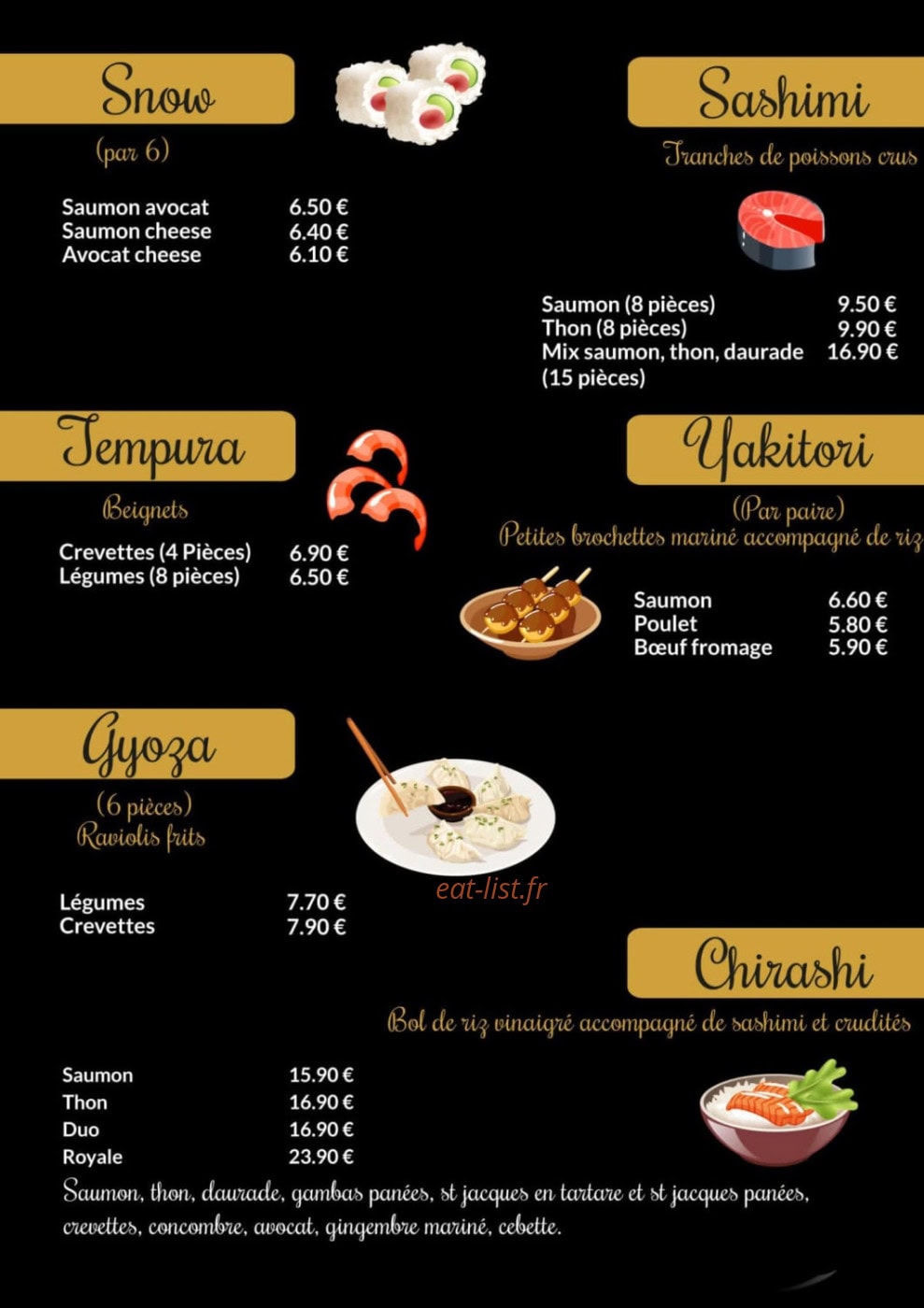 Carte et menu de Uzumaki Sushi à Septemes les Vallons — Snow, sashimi et jempura...