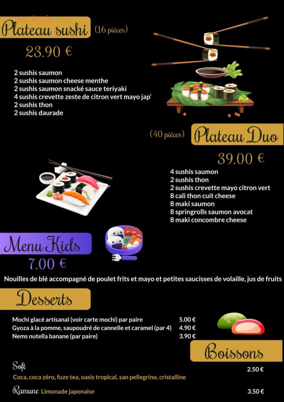 Carte et menu de Uzumaki Sushi à Septemes les Vallons — Plateau, menu kids et boissons