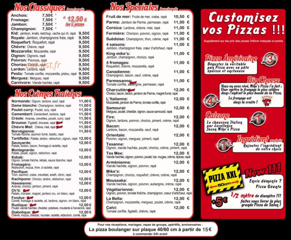 Mike's Pizza — carte page 1