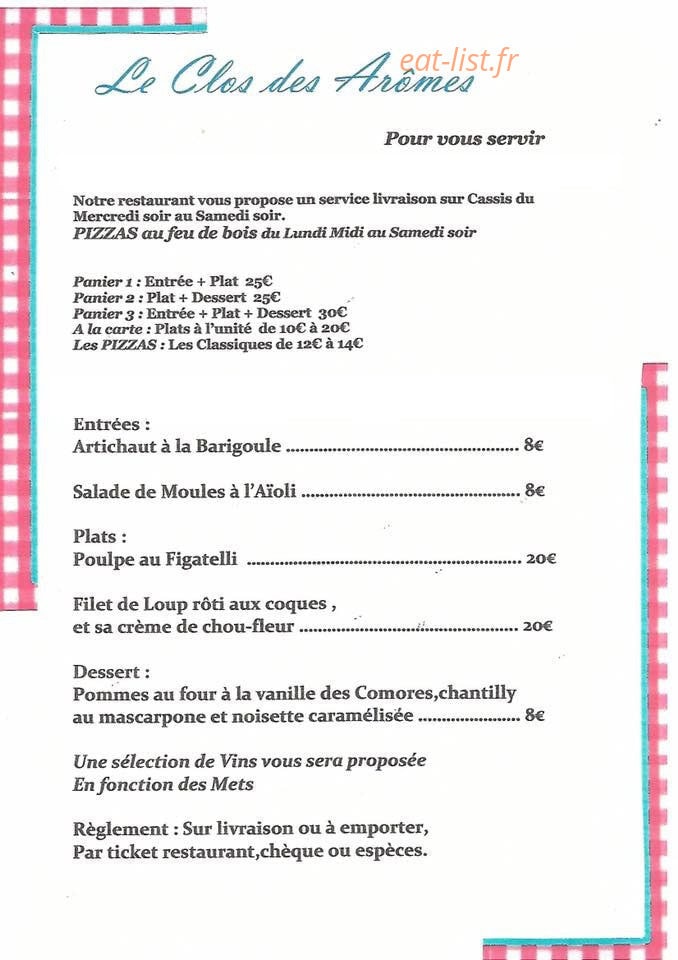 Le Clos des Aromes — carte page 1