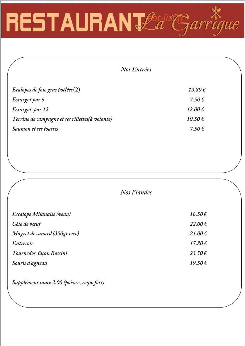 Restaurant La garrigue — carte page 1