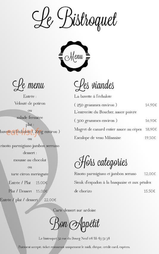 Le Bistroquet — carte page 1