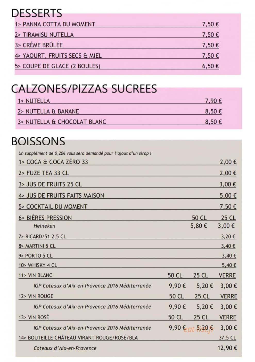 Carte et menu de Urban and Food à Salon de Provence — Les desserts, boissons, ...