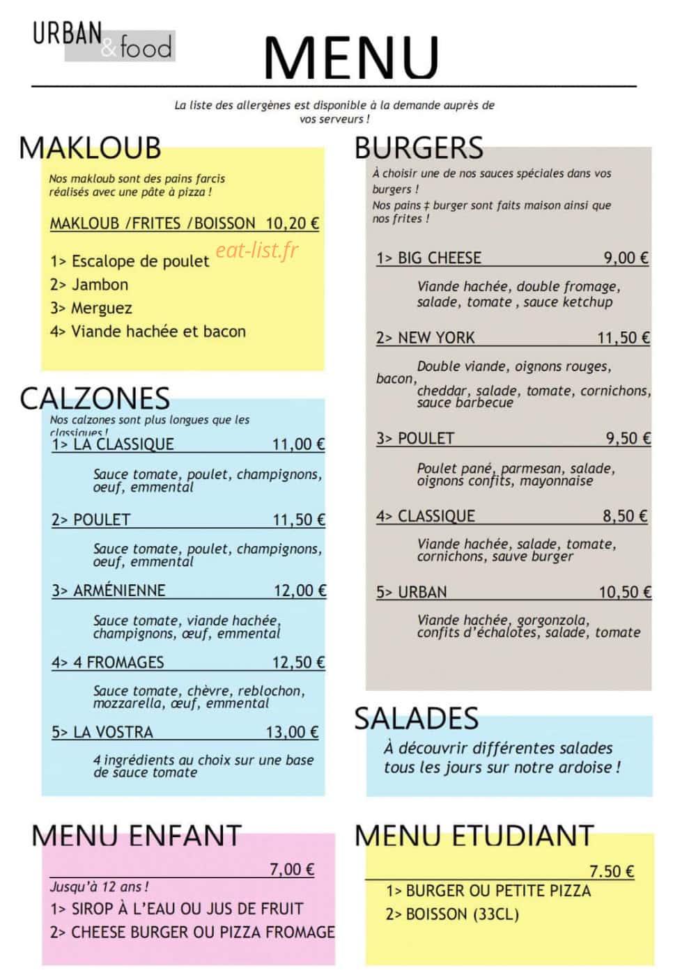 Carte et menu de Urban and Food à Salon de Provence — Le makloub, calzones, ...