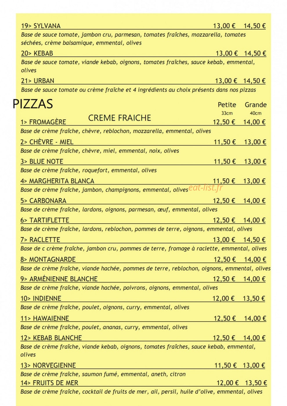 Carte et menu de Urban and Food à Salon de Provence — Les pizzas crème fraîche