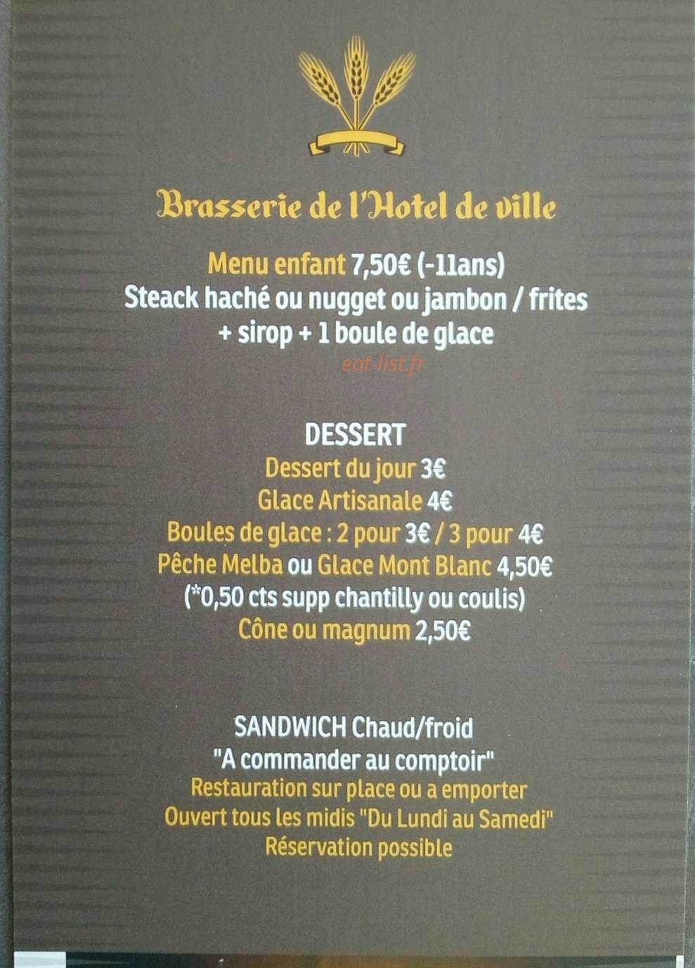 Carte et menu de Brasserie de l'Hotel de Ville à Bouc Bel Air — Menu enfant, desserts et sandwiches