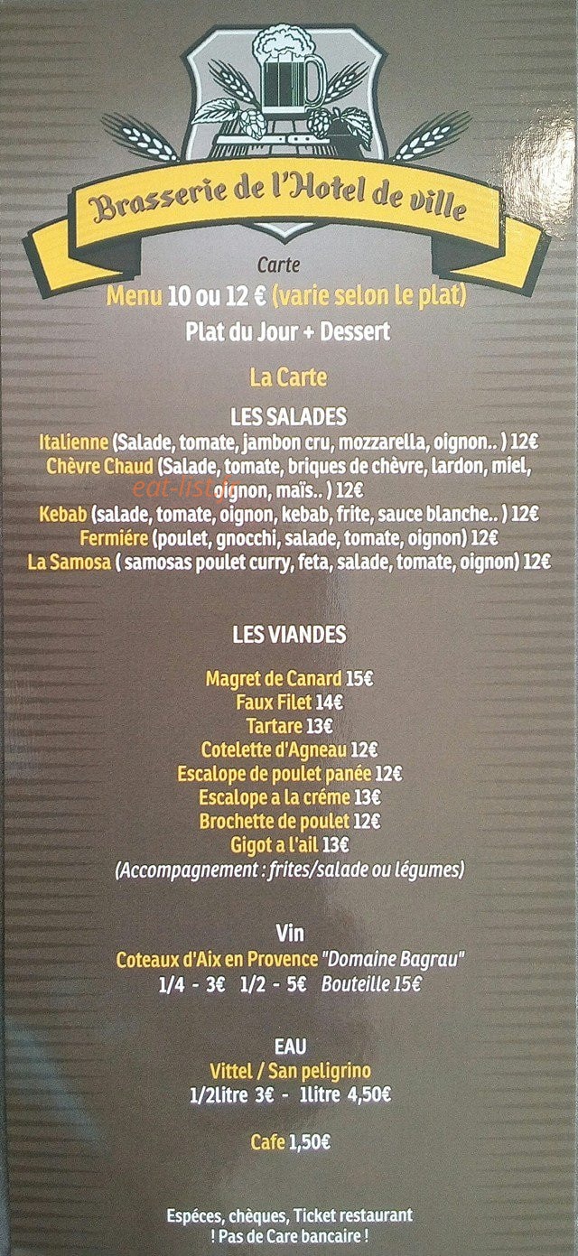 Carte et menu Brasserie de l'Hotel de Ville Bouc Bel Air
