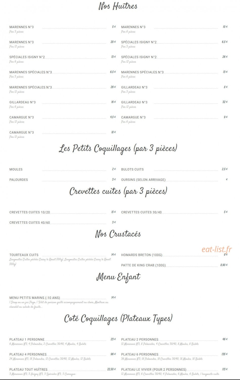 Carte et menu de Le Vivier à Bouc Bel Air — Les huîtres, crevettes cuites et crustacés, ...