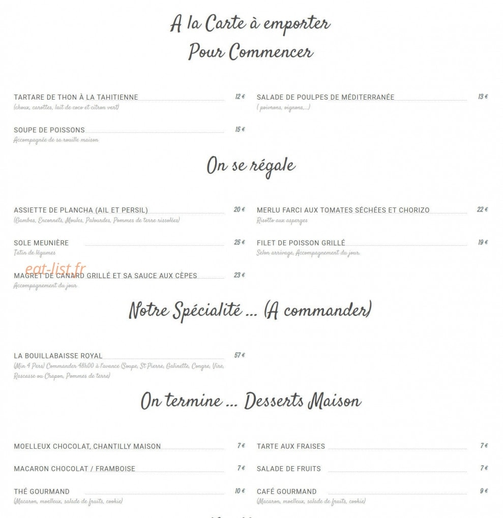 Carte et menu de Le Vivier à Bouc Bel Air — A la Carte à emporter, spécialités et desserts, ...