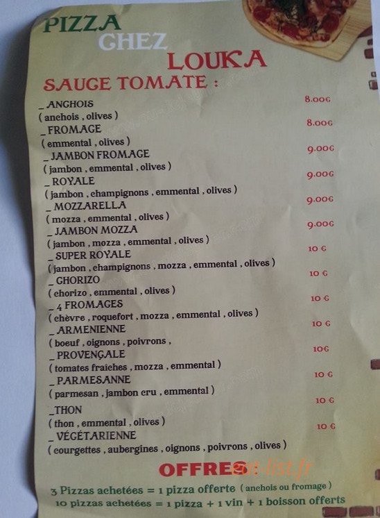 Pizza chez Louka — carte page 1