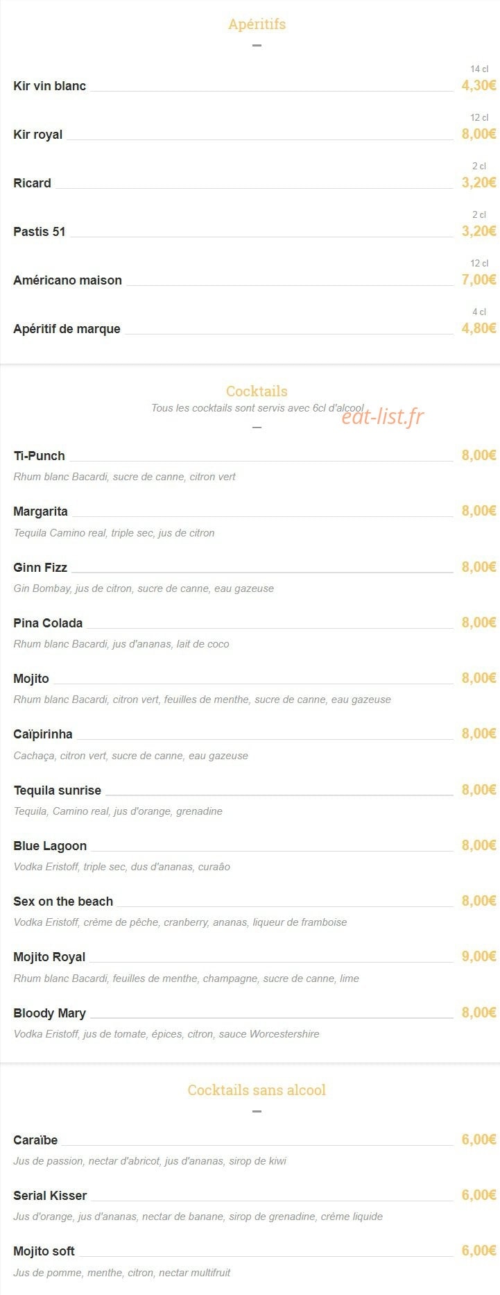 Carte et menu de Brasserie La Place à Pelissanne — Les apéritifs, les cocktails ...