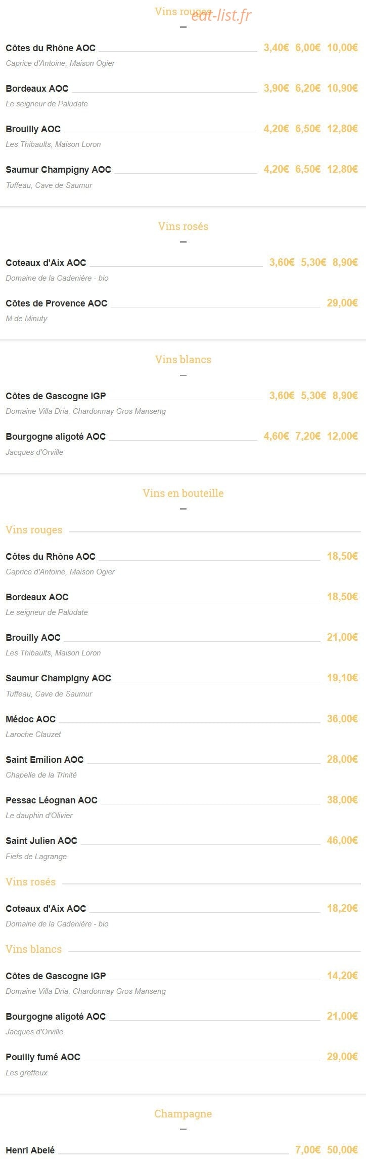 Carte et menu de Brasserie La Place à Pelissanne — Les vins et champagnes