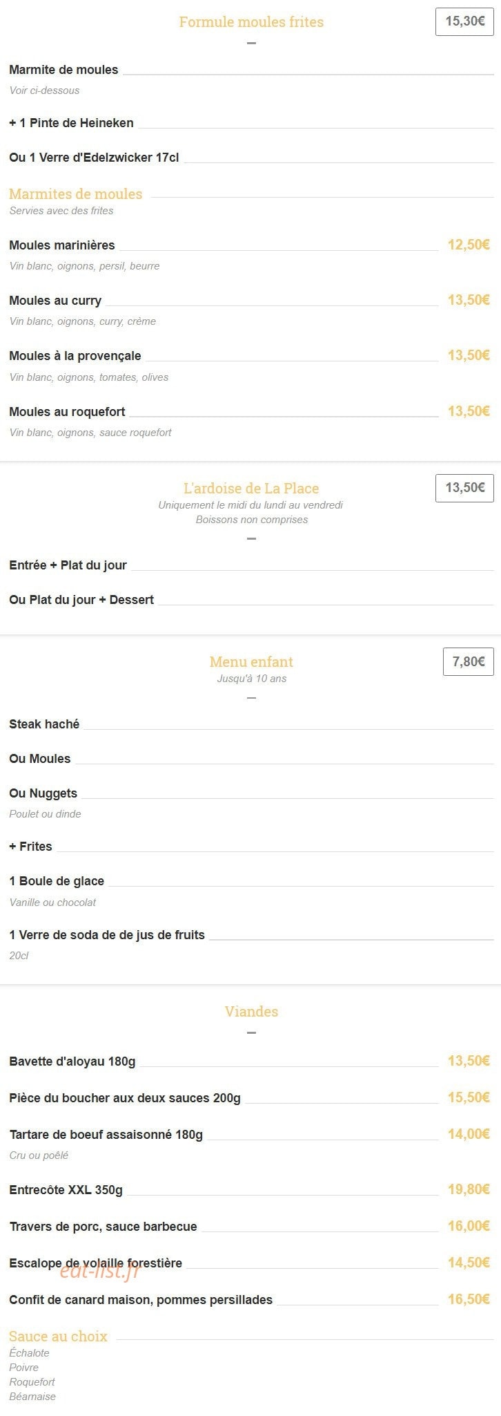 Carte et menu de Brasserie La Place à Pelissanne — Les formules, les viandes ...