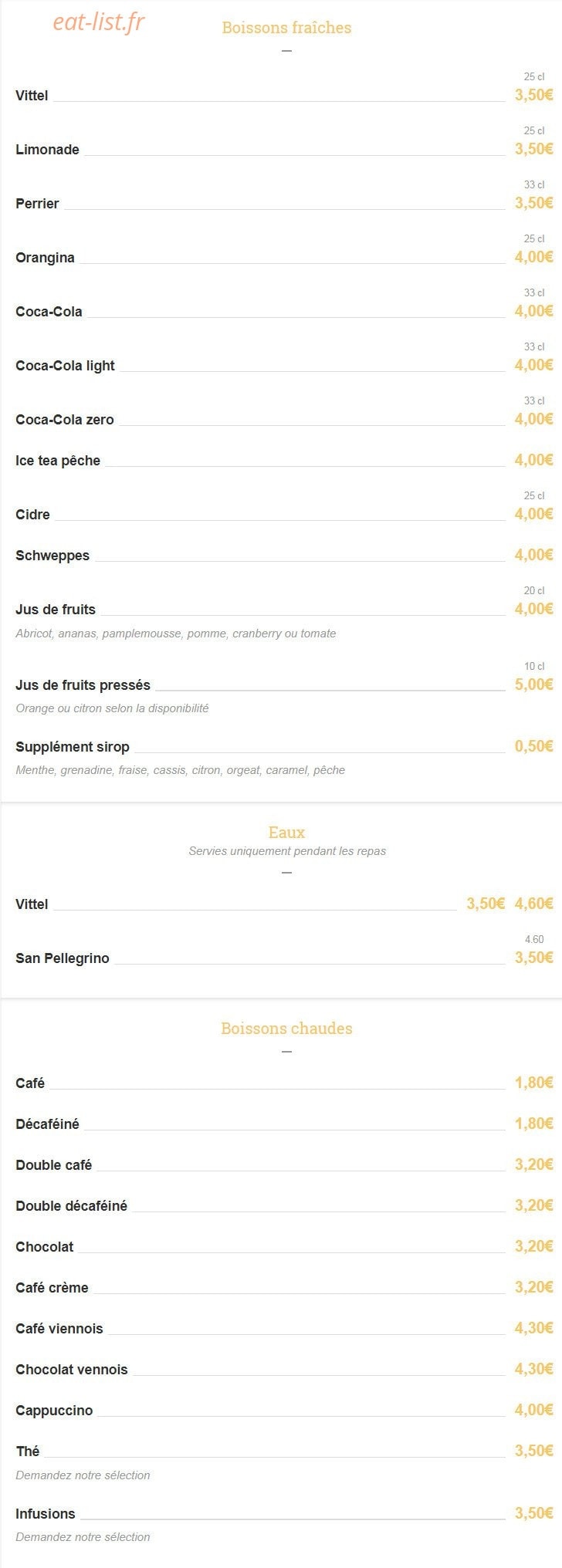 Carte et menu de Brasserie La Place à Pelissanne — Les boissons fraiches, les eaux ...