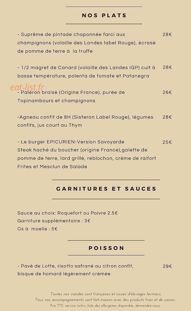 Carte et menu de L'Epicurien à Pelissanne — Les plats, garnitures et poissons, ....