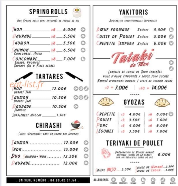 Carte et menu de Sushi de la place à Pelissanne — Tartares, chyrashi et yakitoris,...