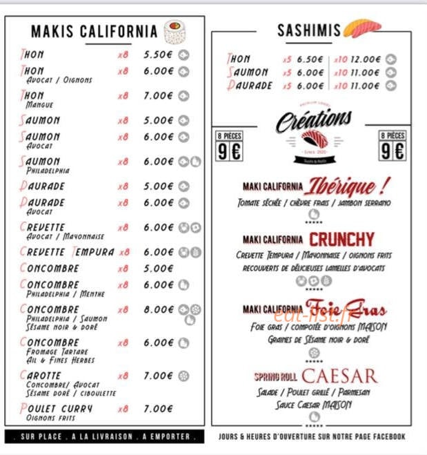 Carte et menu de Sushi de la place à Pelissanne — Makis california et sashimis