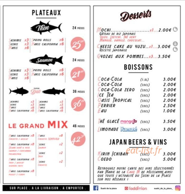 Carte et menu de Sushi de la place à Pelissanne — Plateaux, desserts et boissons