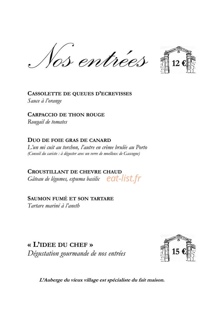Carte et menu de Auberge du Vieux Village à Mallemort — Les entrées