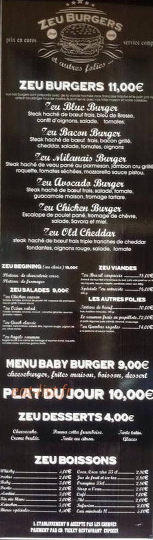 Zeu Burgers — carte page 1