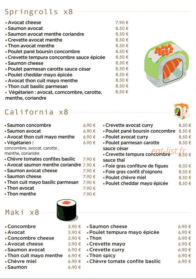 Carte et menu de L'atelier du sushi à Gemenos — Les springrolls, california, ...