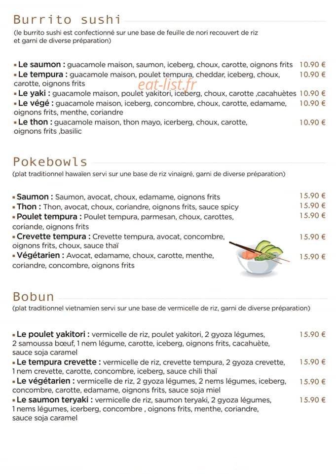 Carte et menu de L'atelier du sushi à Gemenos — Les burrito sushi, poke bowls, ...