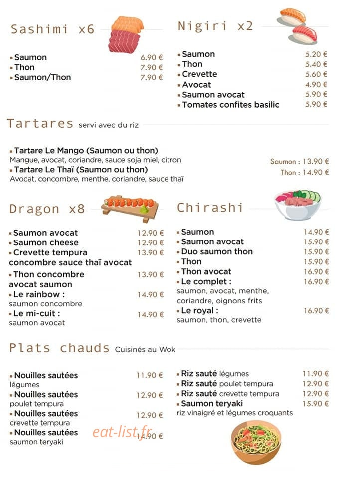 Carte et menu de L'atelier du sushi à Gemenos — Les sashimi, nagiri, ...