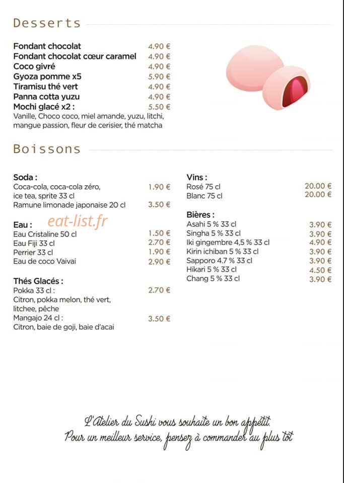 Carte et menu de L'atelier du sushi à Gemenos — Les desserts, boissons