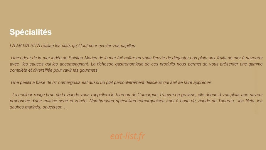 Carte et menu de La Mama Sita à Stes Maries de la Mer — Les spécialités