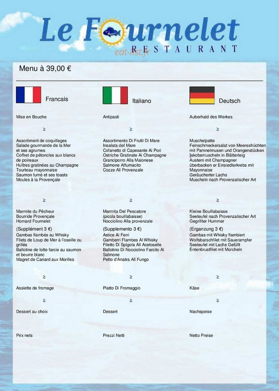 Carte et menu de Le Fournelet à Stes Maries de la Mer — Le menu à 39€