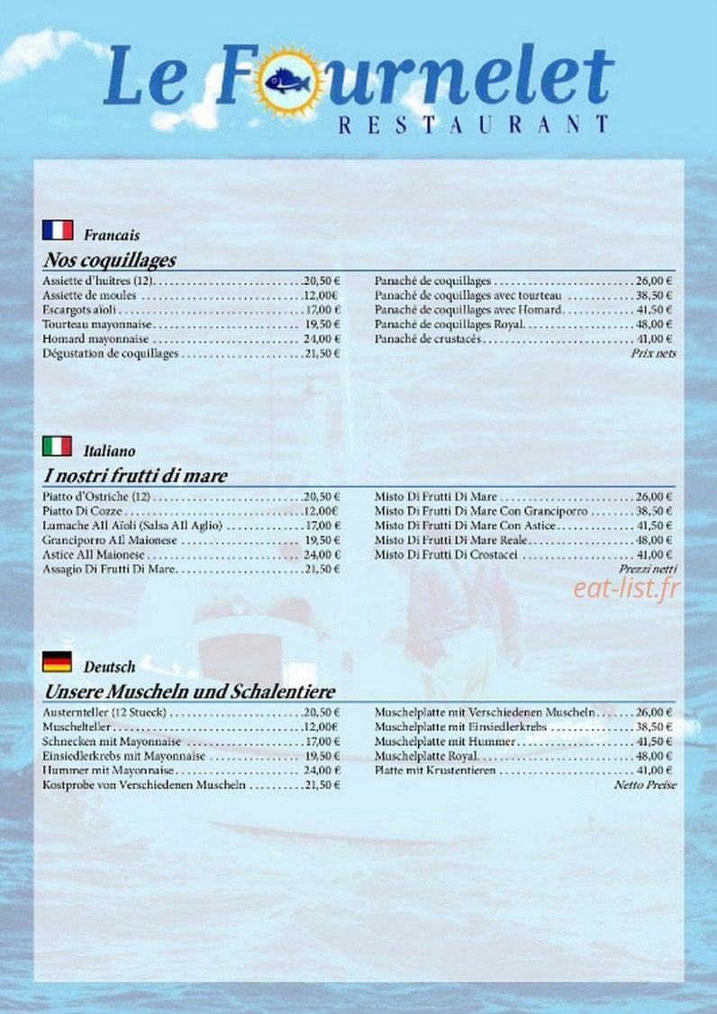 Carte et menu de Le Fournelet à Stes Maries de la Mer — Les coquillages