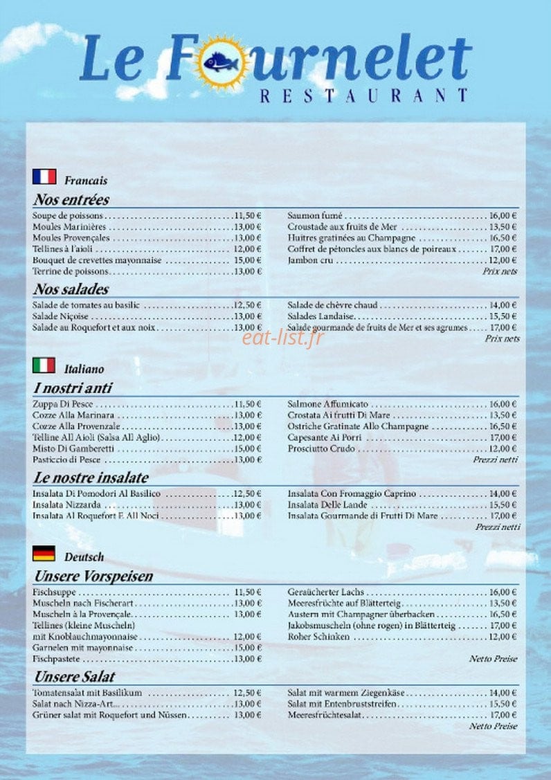 Carte et menu de Le Fournelet à Stes Maries de la Mer — Les entrées et salades