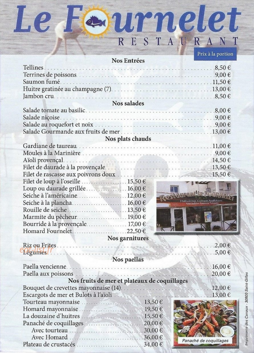 Carte et menu de Le Fournelet à Stes Maries de la Mer — Les plats à emporter