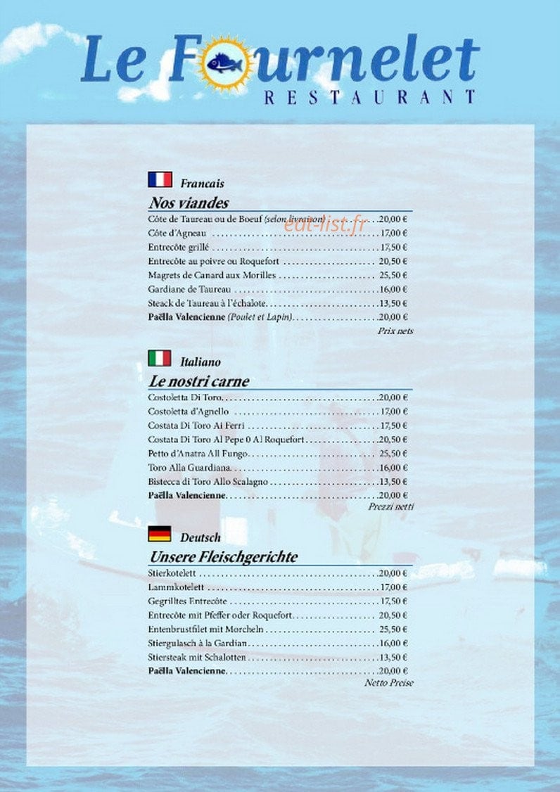Carte et menu de Le Fournelet à Stes Maries de la Mer — Les viandes
