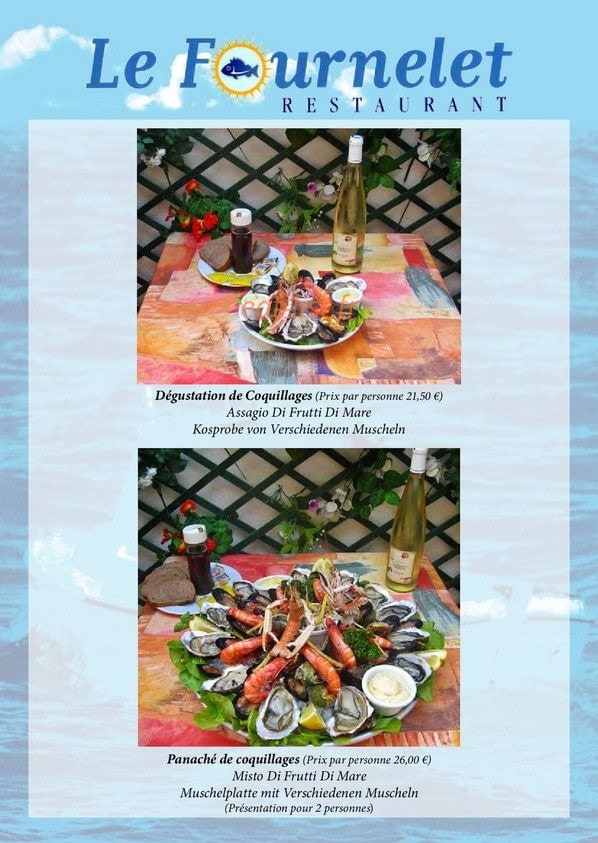 Carte et menu de Le Fournelet à Stes Maries de la Mer — Le plateau de dégustation de coquillage et plateau de panaché de coquillage