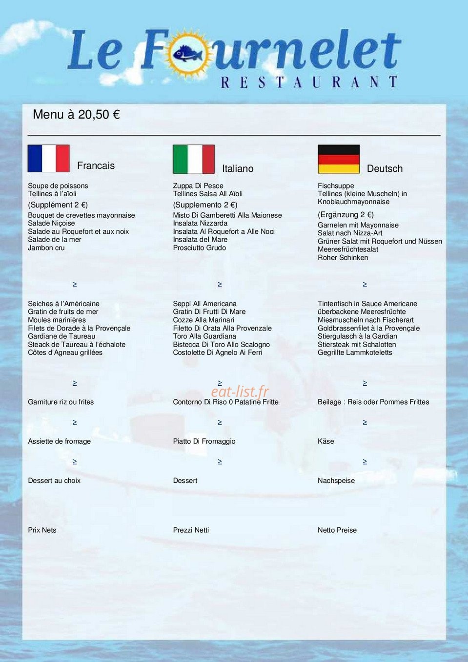 Carte et menu de Le Fournelet à Stes Maries de la Mer — Le menu à 20,5€