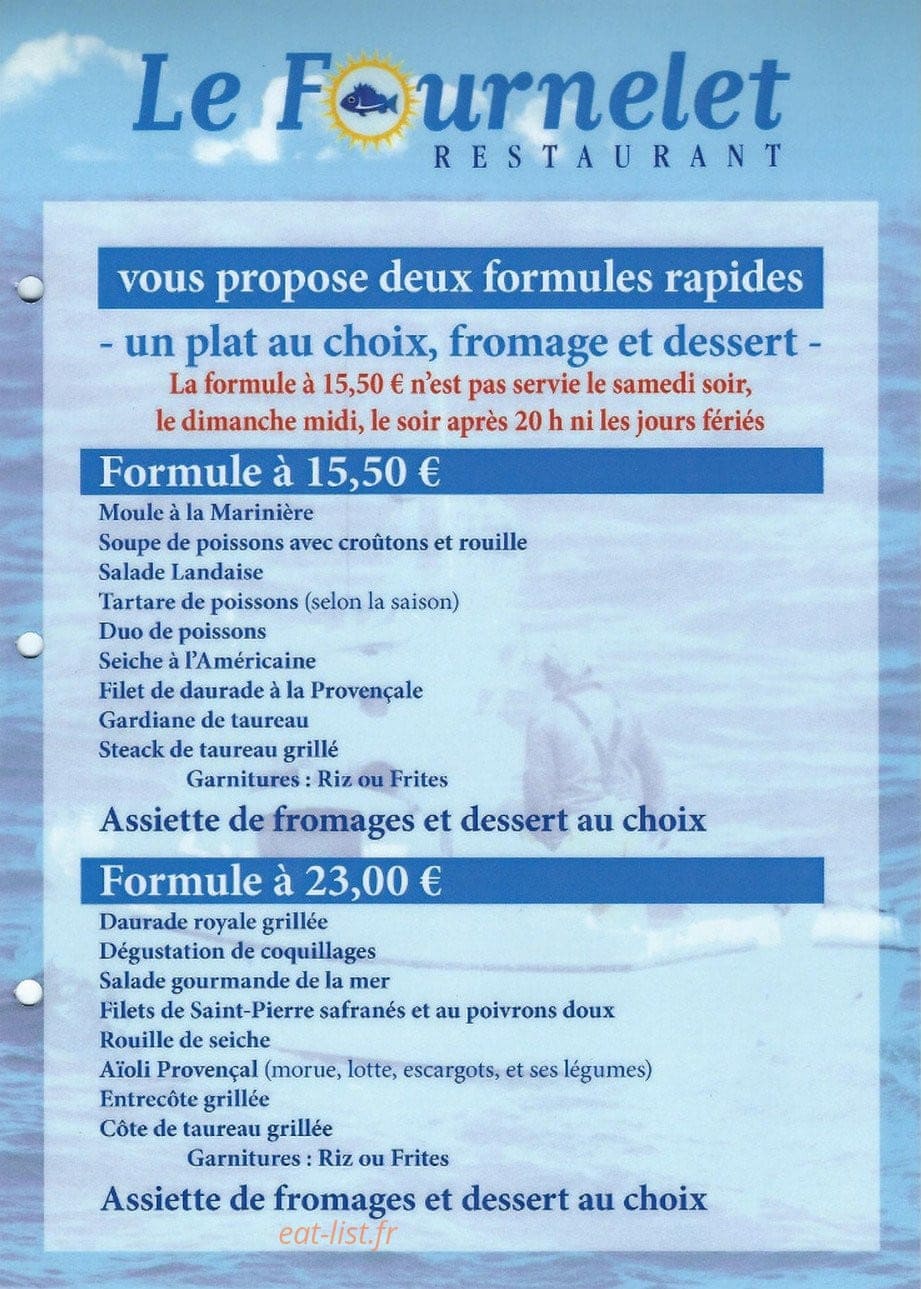 Carte et menu de Le Fournelet à Stes Maries de la Mer — Les formules suite