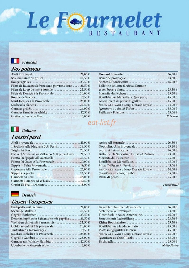Carte et menu de Le Fournelet à Stes Maries de la Mer — Les poissons