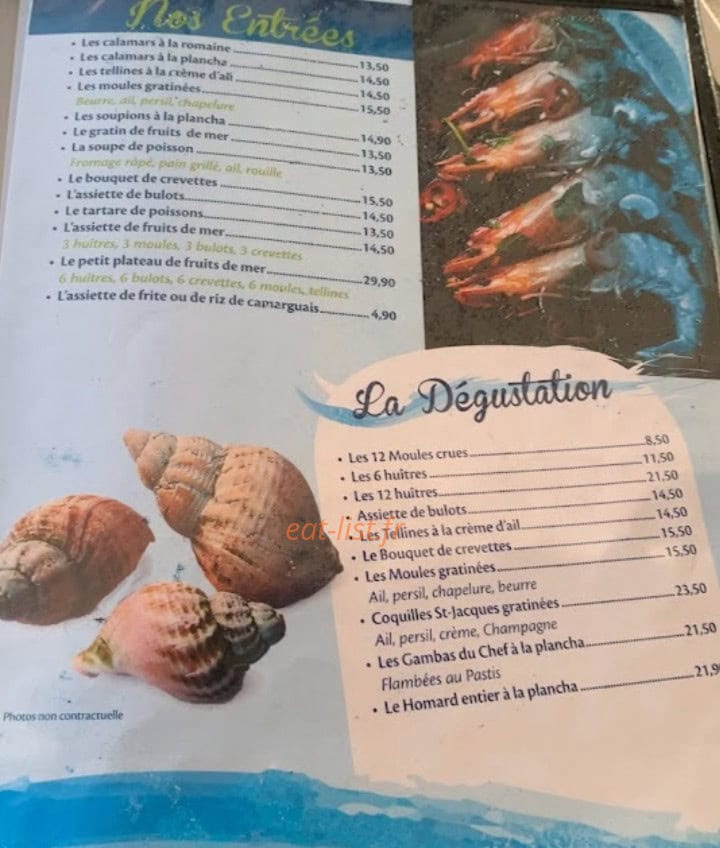 Carte et menu de Les Flots Bleus à Stes Maries de la Mer — Les entrées et dégustations