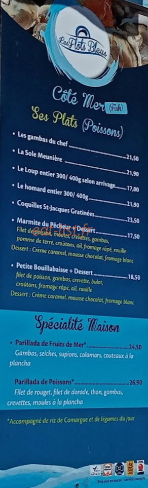 Carte et menu de Les Flots Bleus à Stes Maries de la Mer — Côté mer et spécialités maisons