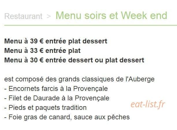 Auberge Bourrelly — carte page 1