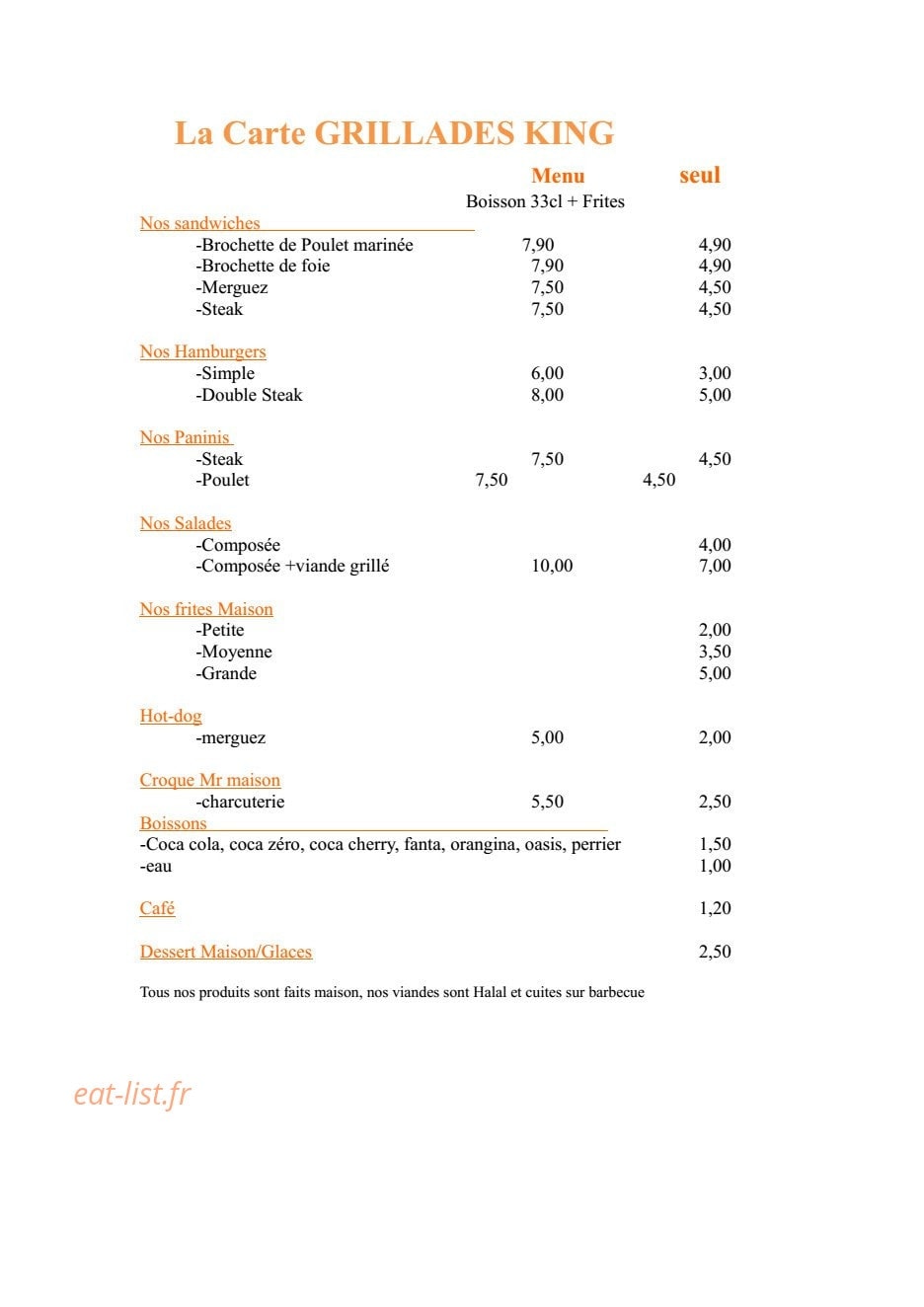 Grillades King — carte page 1