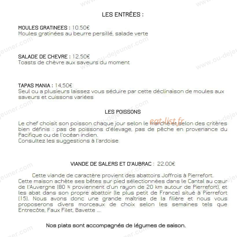 Carte et menu de La Moule Mania à Martigues — Les entrées, poissons et viandes de Salers et d' Aubrac