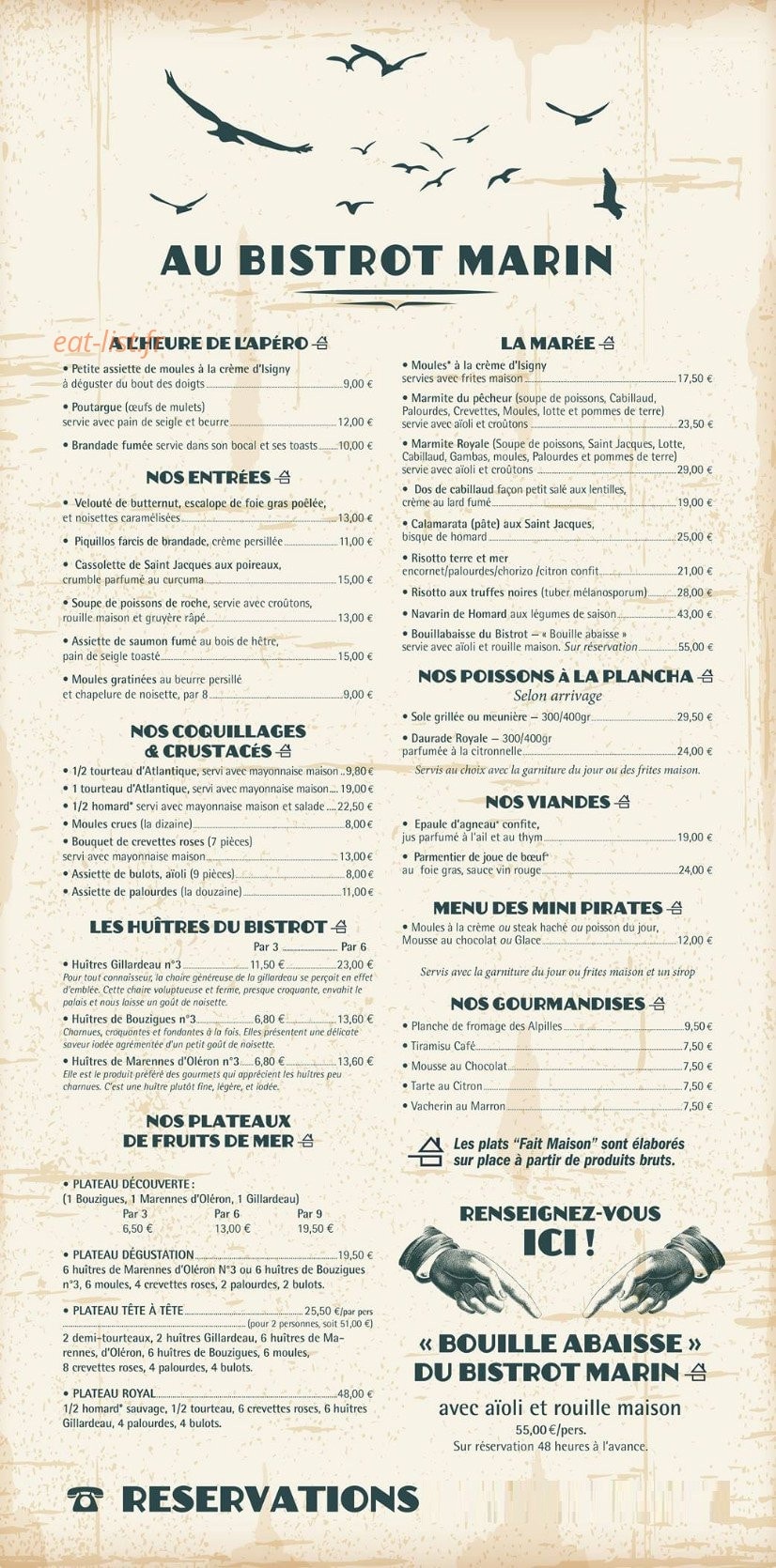Carte et menu de Au bistrot marin à Maussanne les Alpilles — Les apéros, entrées, coquillages...