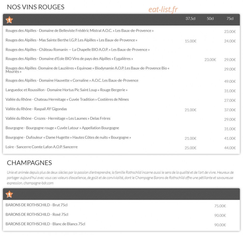 Carte et menu de Au bistrot marin à Maussanne les Alpilles — Les vins