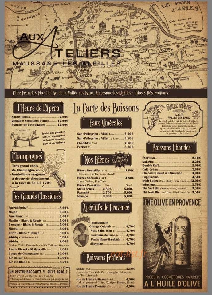 Carte et menu de Aux Ateliers Chez Franck et Flo à Maussanne les Alpilles — Les boissons
