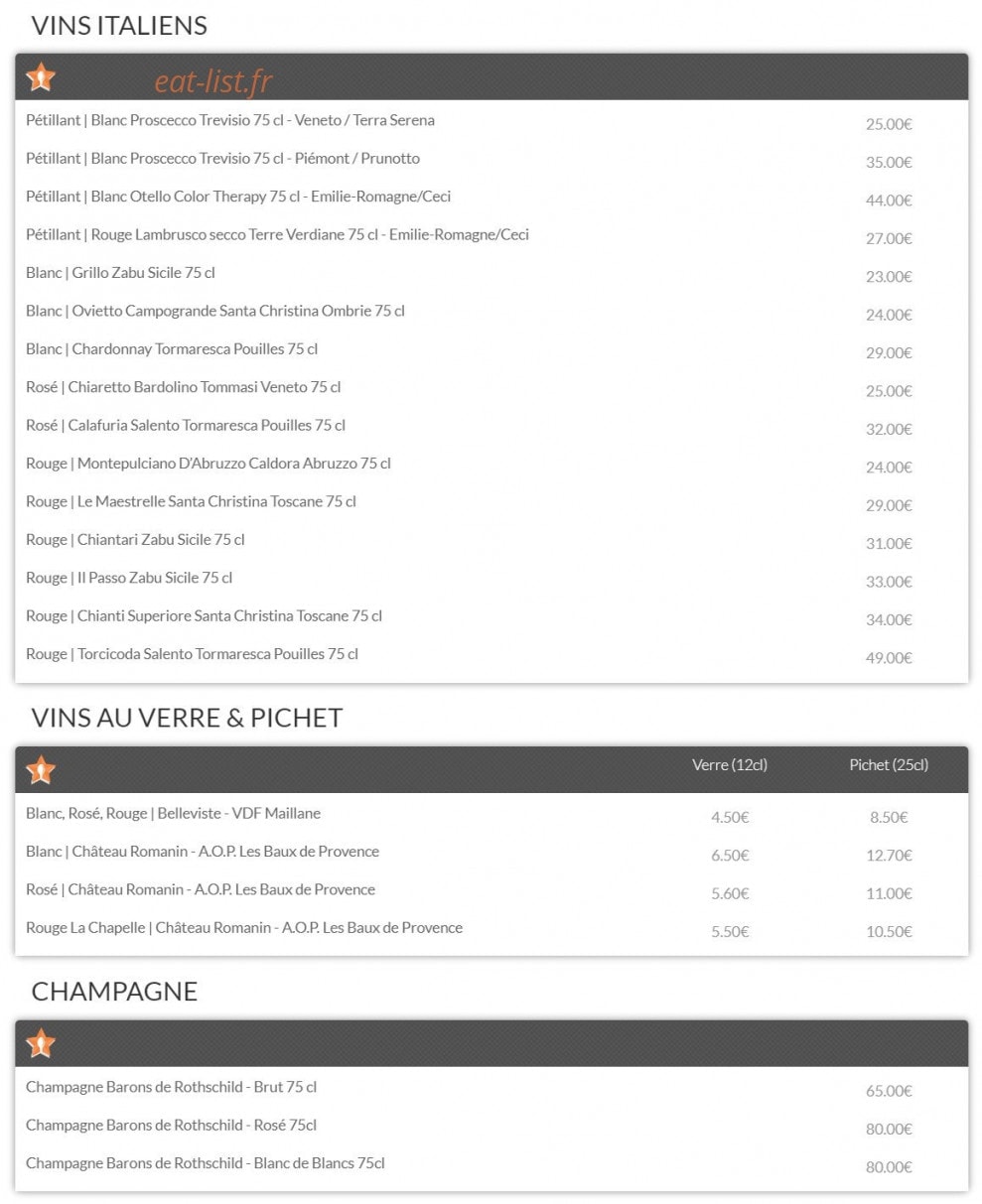 Carte et menu de La Piazza Del Gusto à Maussanne les Alpilles — Les vins suite