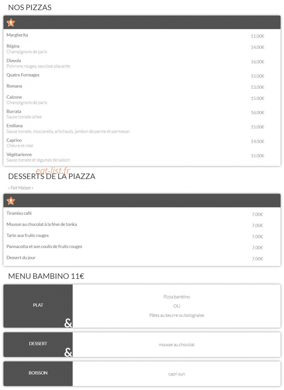 Carte et menu de La Piazza Del Gusto à Maussanne les Alpilles — Les pizzas, desserts et menu enfant