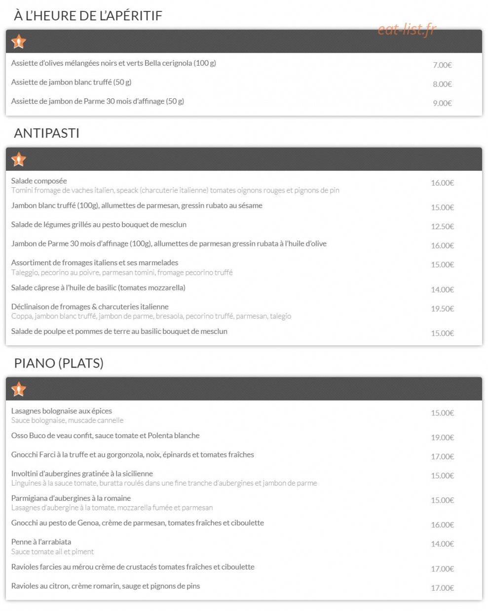 Carte et menu de La Piazza Del Gusto à Maussanne les Alpilles — Les apéros, entrées et plats